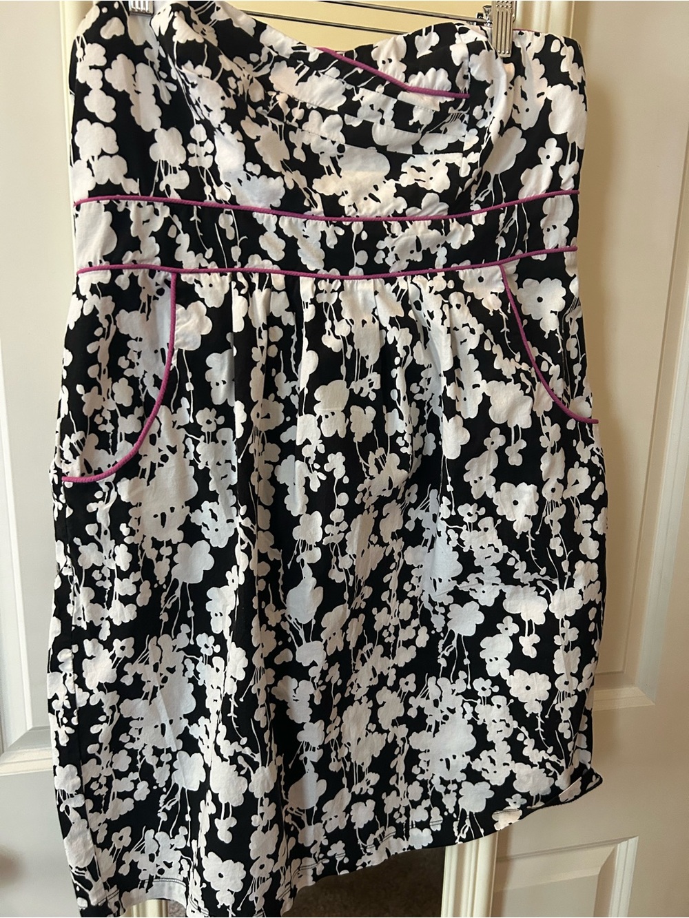 Maurices Black and White Floral Strapless Dress with Pink Trim